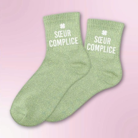 Chaussettes paillettes vertes avec message "Soeur complice" pour femmes