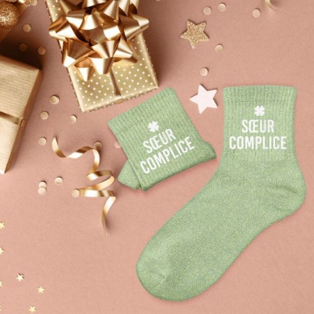 Chaussettes paillettes vertes avec message "Soeur complice" pour femmes