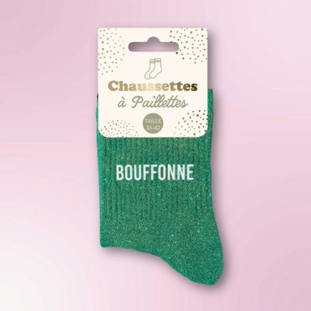 Chaussettes à paillettes vertes pour femmes, inscription Bouffonne