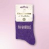 Chaussettes paillettes violettes message Ta Gueule