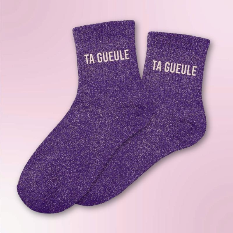 Chaussettes paillettes violettes inscription Ta Gueule