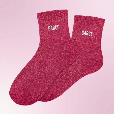 Chaussettes à paillettes rose fuchsia inscription Garce