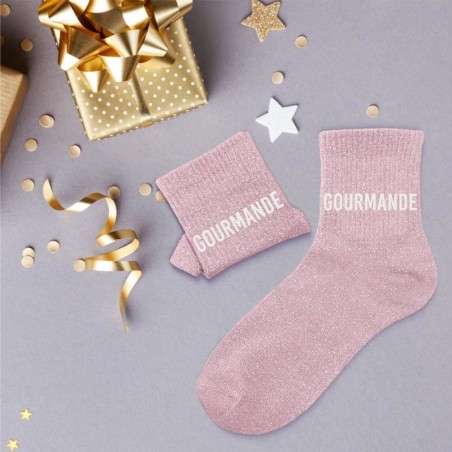 Chaussettes paillettes femme avec message "Gourmande"