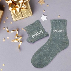 Idée cadeau chaussettes paillettes bleu canard inscription Sportive