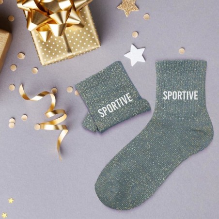 Idée cadeau chaussettes paillettes bleu canard inscription Sportive