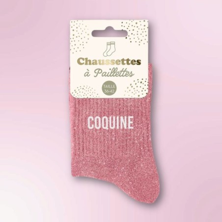 Chaussettes paillettes roses message Coquine