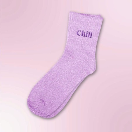 Chaussettes paillettes lila brodées Chill