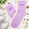 Idée cadeau chaussettes pailletées lila broderie Chill