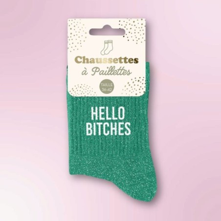 Chaussettes pailletées vertes inscription Hello Bitches