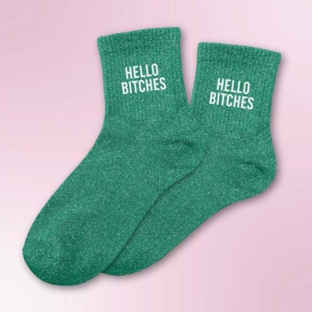 Chaussettes paillettes vertes message Hello Bitches