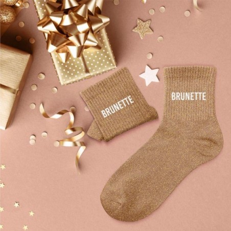 Chaussettes paillettes femme avec message "Brunette"