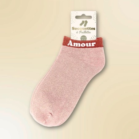 Socquettes à paillettes beiges inscription Amour