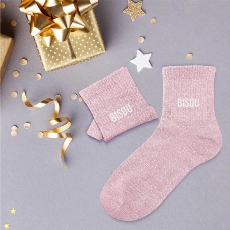 Idée cadeau femme chaussette a paillette message Bisou