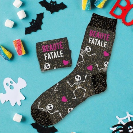 Cadeau chaussettes à paillettes pour halloween message Beauté Fatale