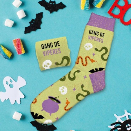 Cadeau chaussettes à paillettes pour halloween message Gang de Vipères