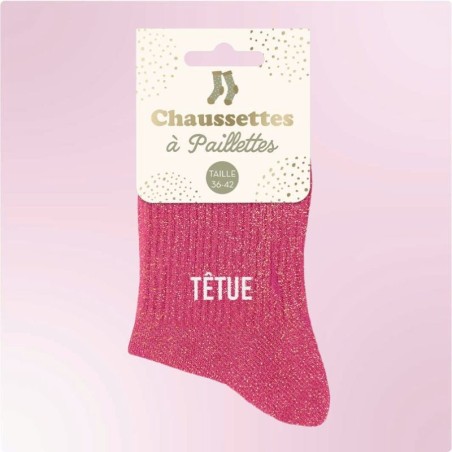 Chaussettes paillettes femme avec message "Têtue"
