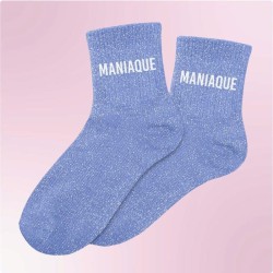 Chaussettes paillettes bleues femme avec message "Maniaque"