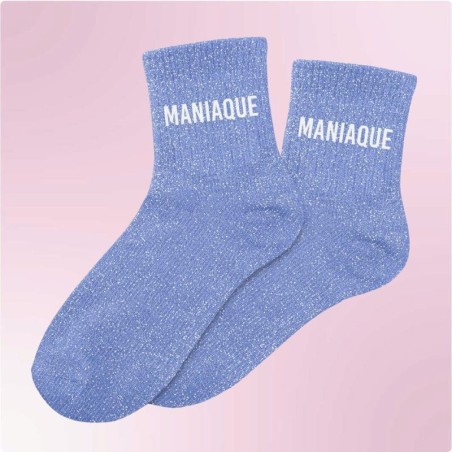 Chaussettes paillettes bleues femme avec message "Maniaque"