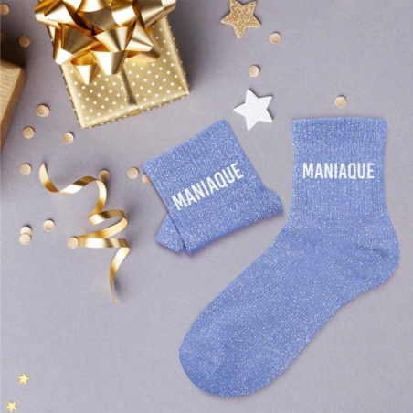 Chaussettes paillettes bleues femme avec message "Maniaque"