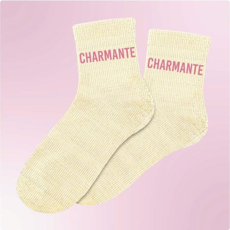 Chaussettes paillettes beiges femme avec message "Charmante"