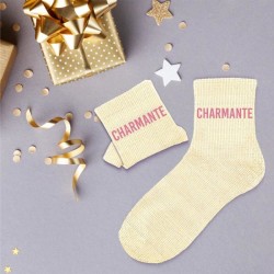 Chaussettes paillettes beiges femme avec message "Charmante"
