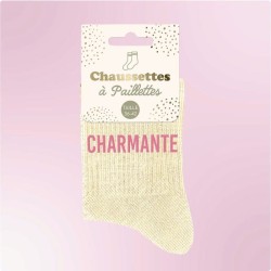 Chaussettes paillettes beiges femme avec message "Charmante"